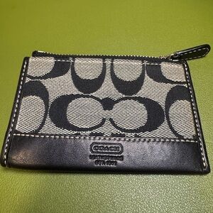 Coach Signature C Canvas Black Key Coin Pouch / Card Case — Leather Trim